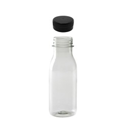 Botellas transparentes de gazpacho/zumo + tapón negro
