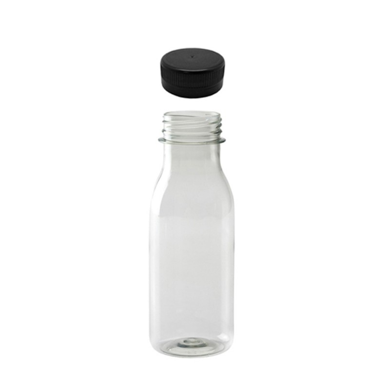 Botellas transparentes de gazpacho/zumo + tapón negro Botellas transparentes de gazpacho/zumo + tapón negro